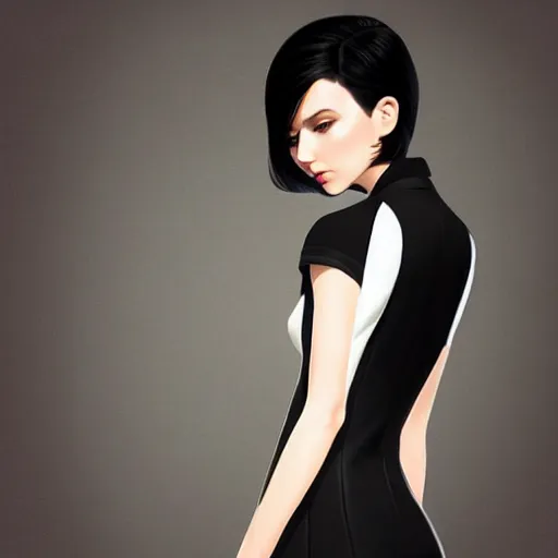 Image similar to slim girl in tuxedo with short black hair, elegant, 2d, ultra highly detailed, digital painting, smooth, sharp focus, artstation, art by Ilya Kuvshinov