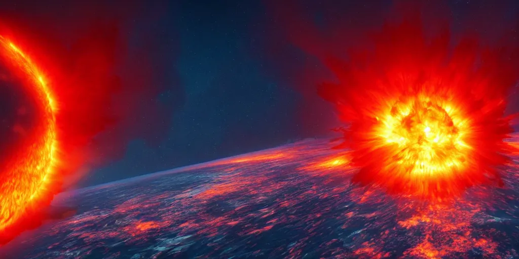 Image similar to inside a solar flare storm within looking from space at exploding volcano in middle of the sea, unreal engine, loish, rossdraws, night lighting, highly detailed, 8 k, octane render