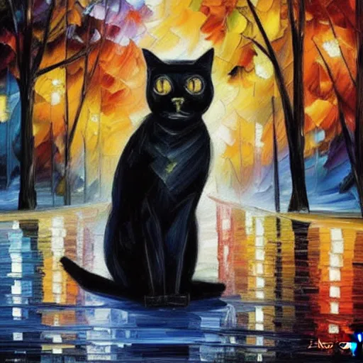 Prompt: oil painting of a black cat by leonid afremov, the car is in the street