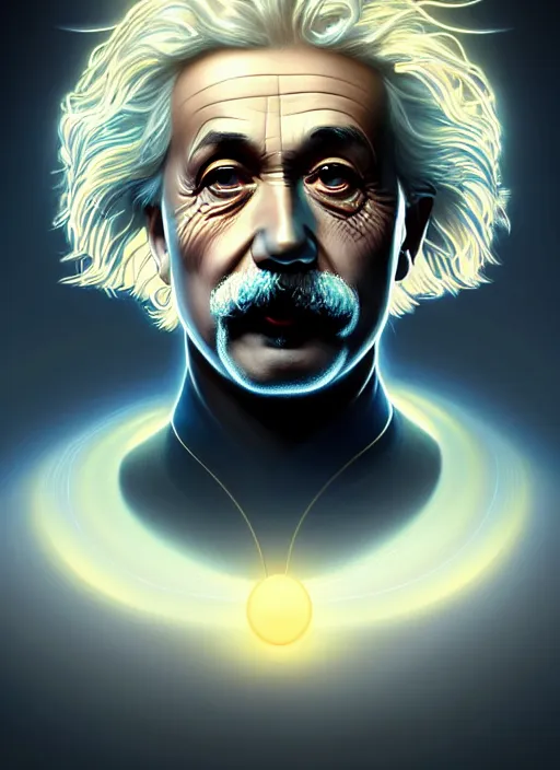 Image similar to symmetry!! portrait of einstein male, chemisty, sci - fi, glowing lights!! intricate, elegant, highly detailed, digital painting, artstation, concept art, smooth, sharp focus, illustration, art by artgerm and greg rutkowski and alphonse mucha, 8 k