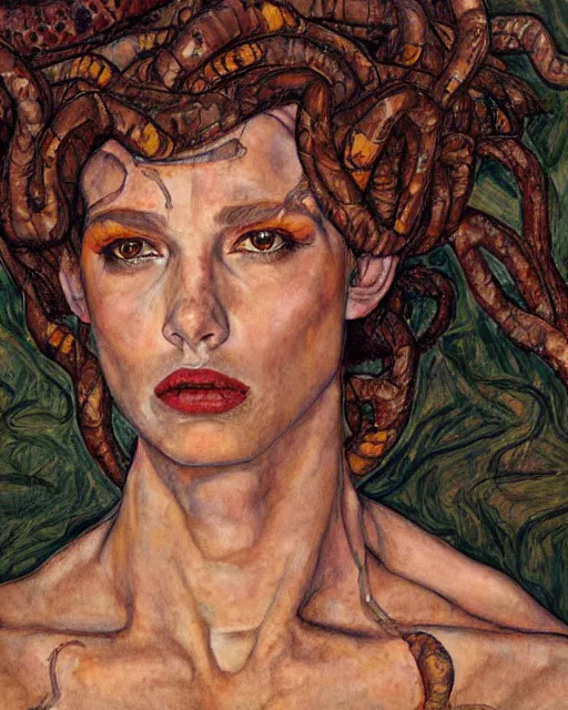 Image similar to portrait of medusa with many pythons by greg rutkowski in the style of egon schiele