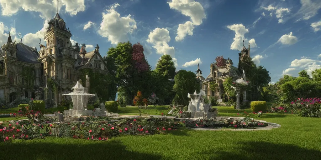 Prompt: gothic, mansion, few clouds, dawn, flowerbeds, trees, french garden, ornate fountain, a peacock, cats, god rays, realistic, cinematic lighting, very detailed, very ornate, volumetric, by artstation, artemisia gentileschi, wide angle