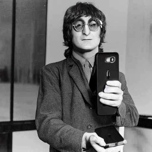 Prompt: photo of john lennon holding a smartphone in his hand