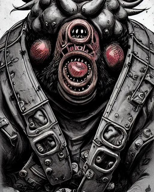 Image similar to roadhog from overwatch, character portrait, portrait, close up, concept art, intricate details, highly detailed, horror poster, horror, vintage horror art, dark, gritty, realistic, terrifying, in the style of michael whelan, and gustave dore