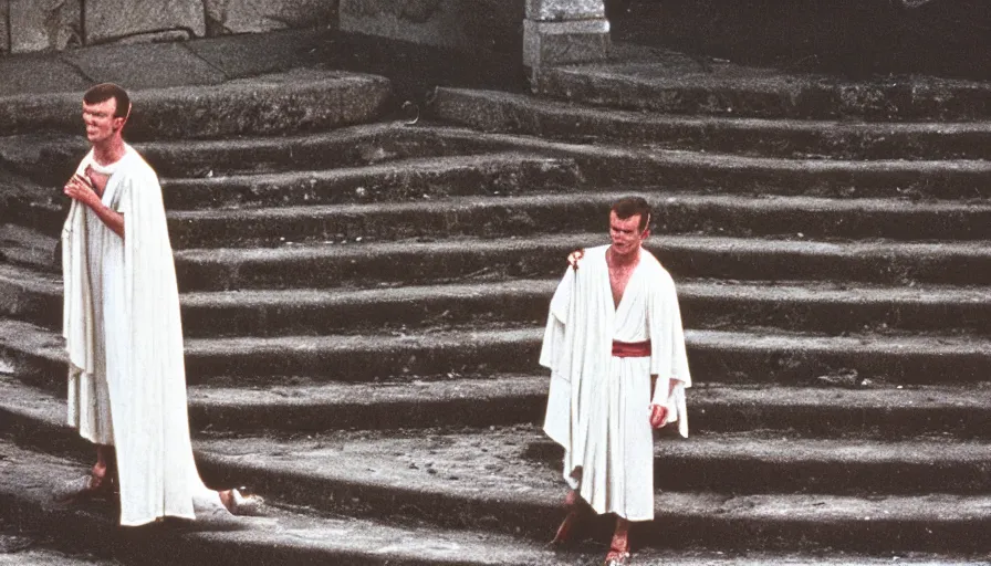 Image similar to 1 9 6 0 s movie still close - up of caligula in a white toga dead on the ancient amphitheater's stairs, cinestill 8 0 0 t 3 5 mm, high quality, heavy grain, high detail, dramatic light, anamorphic, blood