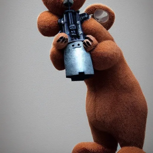 Prompt: A teddy bear holding a rocket launcher. Trending on Artstation. Highly detailed