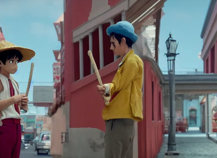 Image similar to a film still of cosplay of luffy in the grand budapest hotel ( 2 0 1 4 ), 4 k