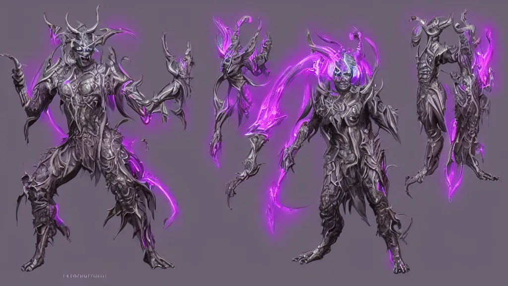 Image similar to a fantasy Bright iridescent ghost demon with four arms character design sheet, trending on artstation