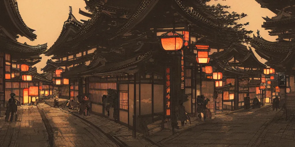 Prompt: feudal japan tokyo street at dusk, cinematic lighting!!, 4k, trending on artstation, intricate illustration, fast sketch!!!!, rough, ultra detailed, art by albert bierstadt