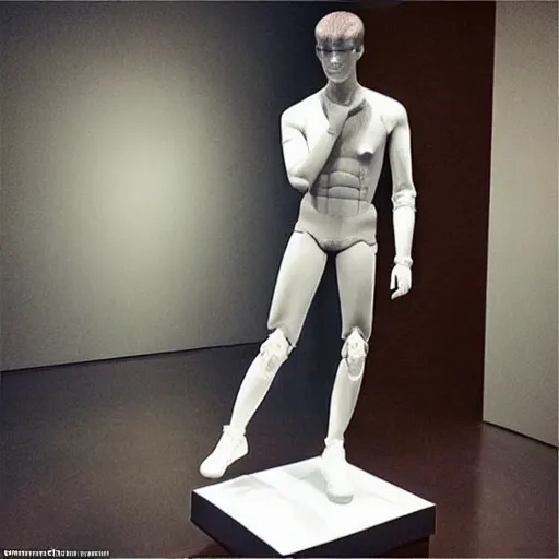 Image similar to “ a realistic detailed photo of a guy who is an attractive humanoid who is half robot and half humanoid, who is a male android, actor liam hemsworth, shiny skin, posing like a statue, blank stare, at the museum, on display ”