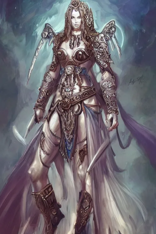 Prompt: concept art of beautiful priestess in warrior pose, angelic, hyper detailed