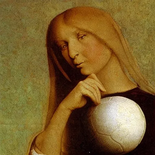 Image similar to Olivia Newton-John holding soccer ball face close-up by Leonardo da Vinci