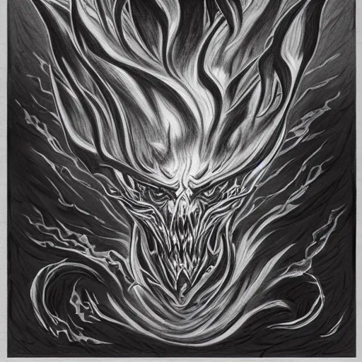 Prompt: full body grayscale drawing by Anato Finnstark of diablo lord of terror in 3/4 view, swirling flames