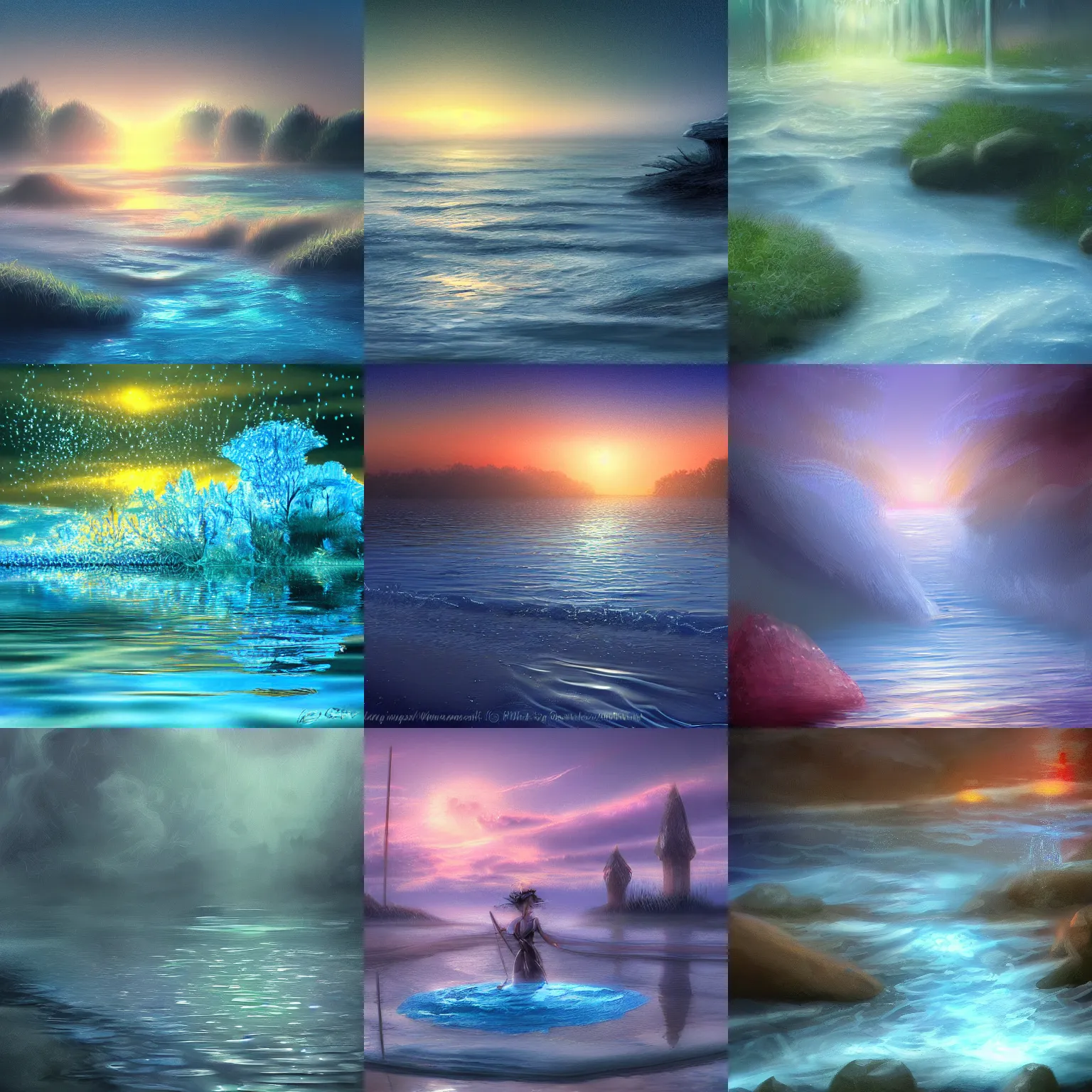 Prompt: closeup fantasy with water magic, at gentle dawn blue light, digital painting