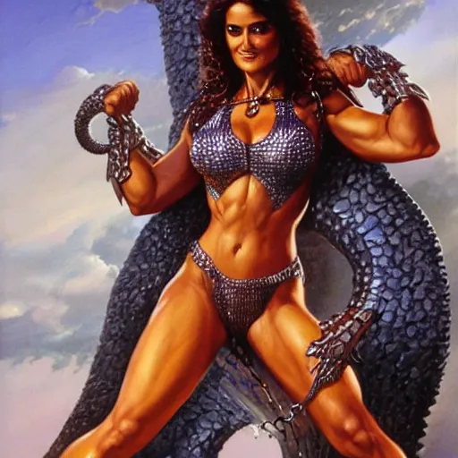 Prompt: A painting of Salma Hayek wearing a chainmail bikini , flexing muscles , by Boris Vallejo , Julie Bell , Gerald Brom Frank Frazetta , Jeff Easley cinematic , concept character, full body, barefoot , trending on Artstation