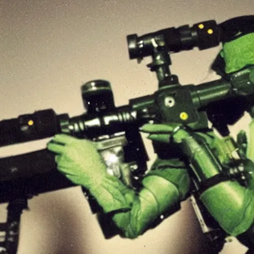 Image similar to surreal photography of a rare military frog equipped with rocket launcher and night vision target acquisition system