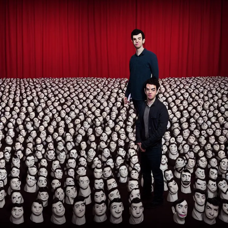 Prompt: focused dslr medium shot photograph of nathan fielder standing in front of hundreds of nathan fielder puppets on strings from nathan for you on comedy central filmed by a tv crew on a stage with a red curtain, meta, fractal, trippy, high detail!!! 8 k!!!!, photorealism!!!, sharp focus!!! coherent!!!