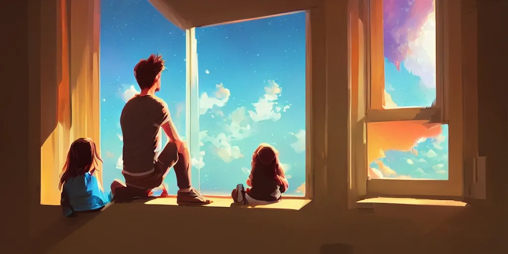 Image similar to two people looking out a window at the sky, poster art by rhads, behance contest winner, space art, synthwave, retrowave, speedpainting