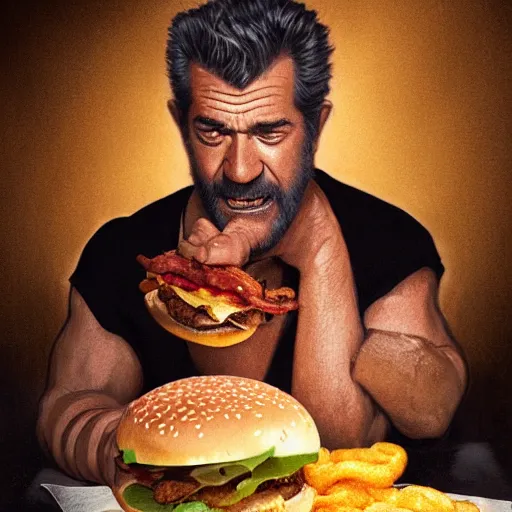 Prompt: portrait photography of Mel Gibson eating a giant hamburger, extra ketchup and mustard with overflowing bacon lettuce and tomato, cinematic lighting, highly detailed, ethereal, D&D, hearthstone, digital painting, artstation, concept art, smooth, sharp focus, illustration, art by Terry Moore and Greg Rutkowski and Alphonse Mucha