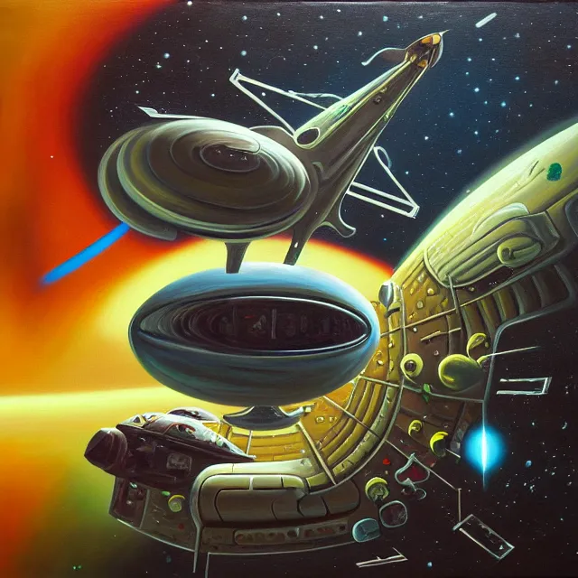 Prompt: an oil on canvas painting of a spaceship being eaten, polycount, surrealism, surrealist, cosmic horror, high detail