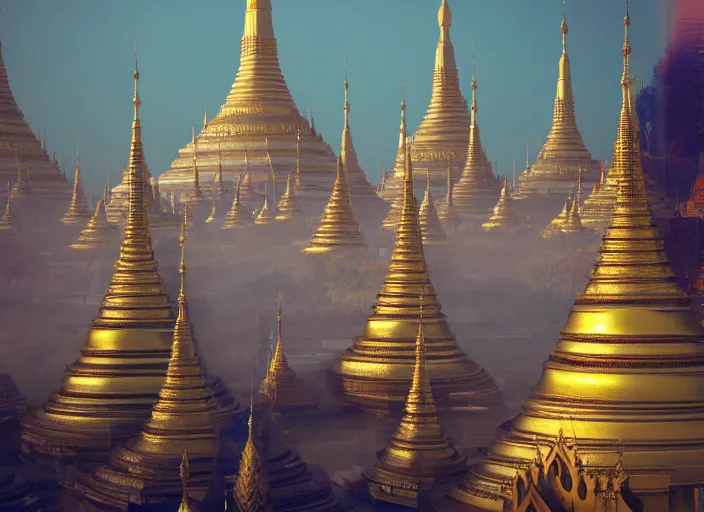 Image similar to A detailed matte painting of the Shwedagon Pagoda temple, huge scale, volumetric lighting, hyper-realistic, photorealistic, digital art, trending on Artstation, 4k, post-processing, Greg Rutkowski