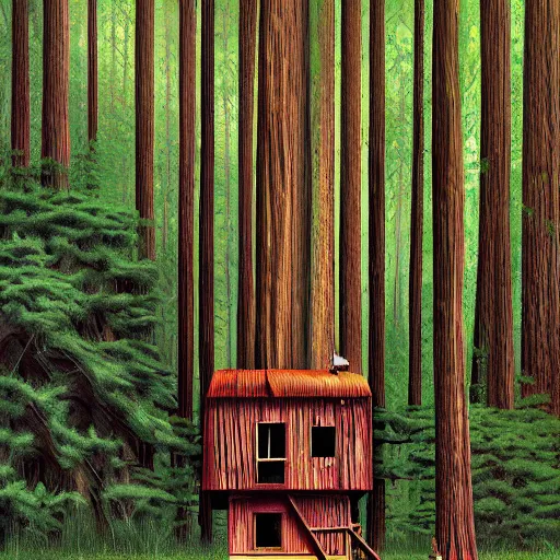 Image similar to treehut in a redwood by alex andreev, landscape, high contrast, digital