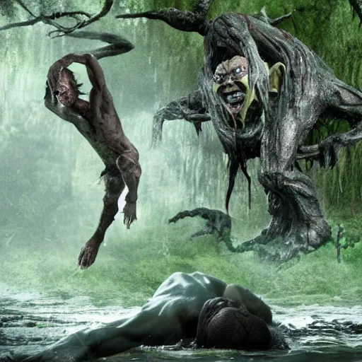 Image similar to Zelenskiy fights gollum on swamp, thunderstorn, realistic , 8k,