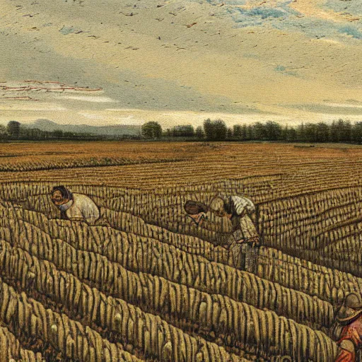 Prompt: a huge medieval wheat farm with peasants working in it, wide shot, trending in artstation, detailed, hd, digital art