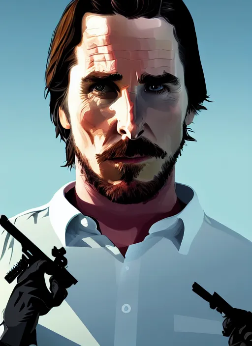 Image similar to portrait of Christian Bale in the style of GTA 5 cover, cinematic lighting + masterpiece, trending on artstation