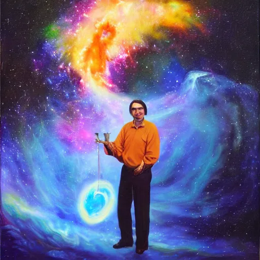 Prompt: an epic oil painting of carl sagan holding a bong on the show cosmos, cloud of smoke, galaxies, nebulae, hubble, james webb space telescope, digital painting bioluminance / n 4