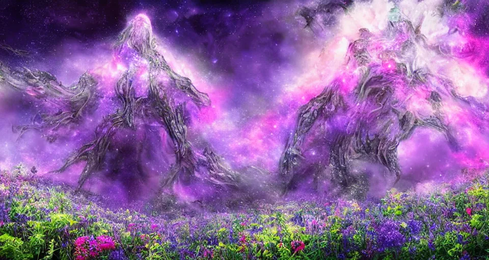 Image similar to a large alien shrine shrouded by mystic nebula magic in a field of flowers, breath - taking beautiful flowers, streams, nebula, and mist, an aesthetically pleasing, dynamic, energetic, lively, complex, intricate, detailed, well - designed digital art of magic, streams, flowers, and mist, early morning, light and shadow