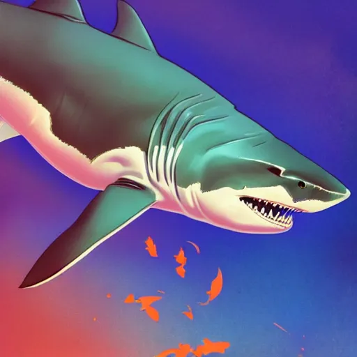 Image similar to great white shark with an orange traffic cone instead of a fin - ron cheng & alphonse mucha, highly detailed, digital painting, ray tracing, concept art, illustration, smooth sharp focus, intricate, symmetry, artstation,