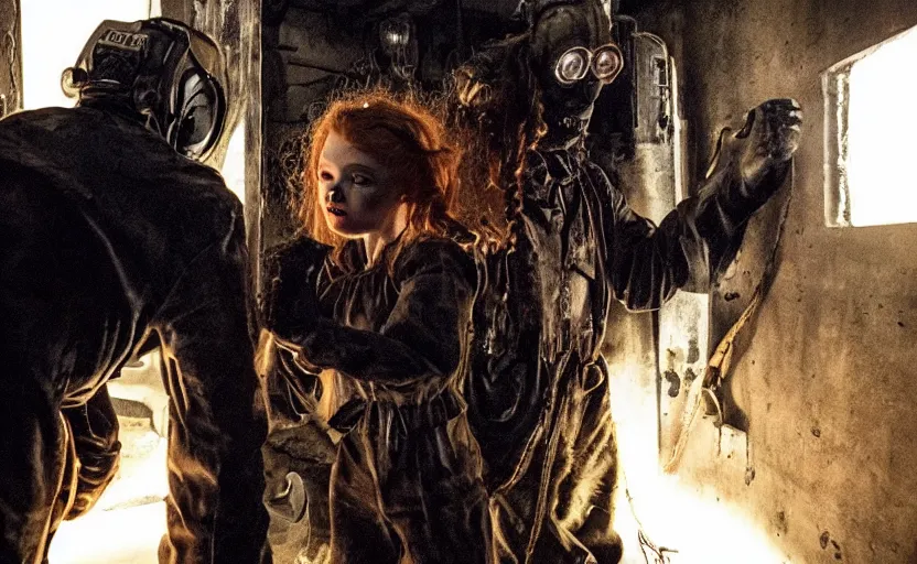 Prompt: scary machine monster grabs sadie sink dressed as a miner : a scifi cyberpunk film from 1 9 8 0 s. by steven spielberg and james cameron. 1 6 mm low grain film stock. sharp focus, moody cinematic atmosphere, detailed and intricate environment