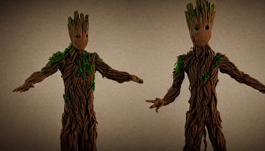 Image similar to realistic groot made of cardboard!! Cinematic, 8k, render, film still