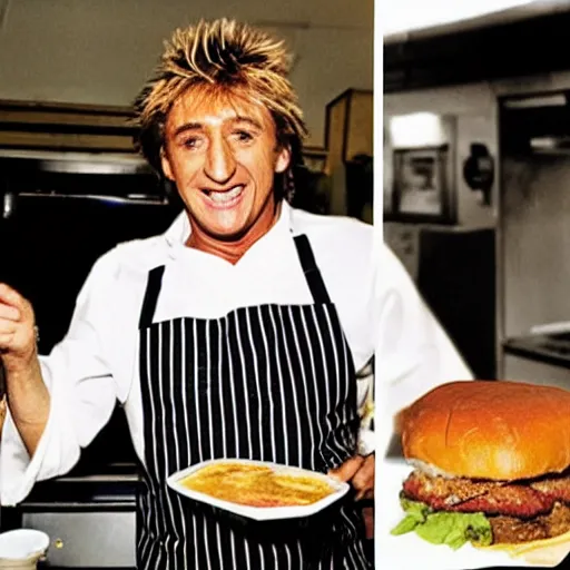 Prompt: rod steward is frying burgers, 1 9 8 0 s diner, dirty dishes, greasy food, impatient customers, rod stewart is wearing a stained apron, smiling at camera, white paper cap, he's sweating, photo