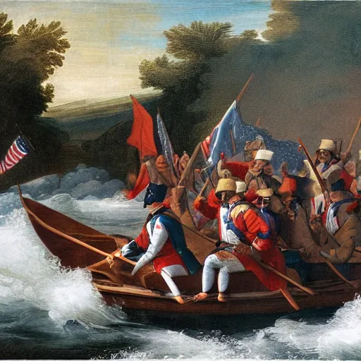 Image similar to washington crossing the delaware on a lava river in hell