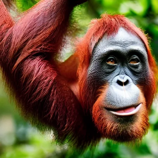 Prompt: 4 k, hd portrait of an orangutan holding an apple