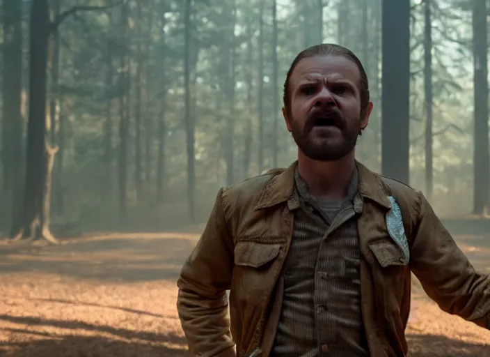 Image similar to film still of!!!!! frank farmer!!!!! as jim hopper in the upside down in stranger things, 4 k