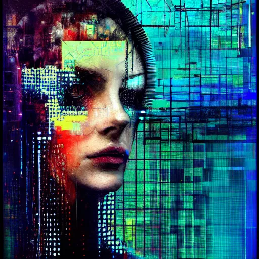 Image similar to hyperrealistic portrait of a cyberpunk woman, digital ui, by Guy Denning, Johannes Itten, Russ Mills, glitch art, hacking effects, glitch effects, digitial tech effects, cybernetics, chromatic, color blocking!, oil on canvas, concept art, abstract