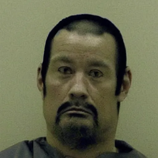 Image similar to mugshot of an inmate, he doesnt have a human head, instead he has a chicken head