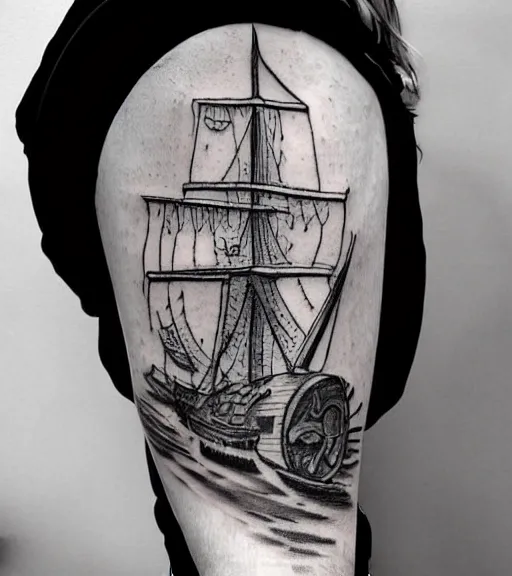 Image similar to A realistic tattoo design sketch of a pirate ship, paper background, black and white tattoo, highly detailed tattoo, shaded tattoo, hyper-realistic tattoo