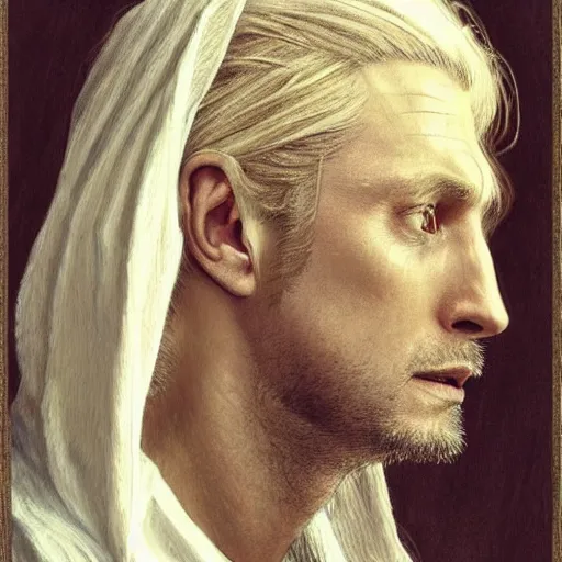 Image similar to portrait of 4 0 - year - old man with dirty blonde hair down to his waist, pale eyebrows and protuberant silver eyes, wearing a simple white robe, hyper realistic face, beautiful eyes, fantasy art, in the style of greg rutkowski, intricate, alphonse mucha, hyper detailed, smooth