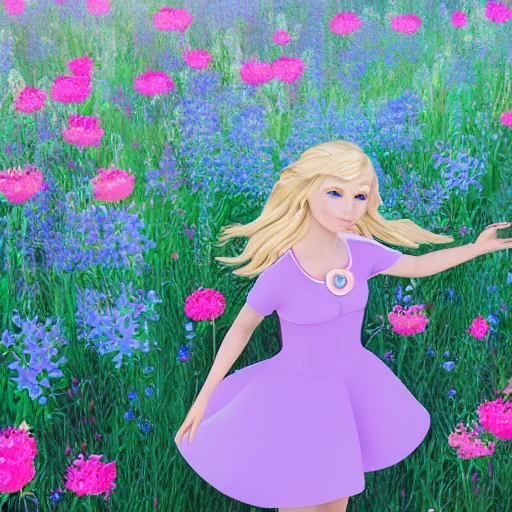 Image similar to A performance art of a young girl with blonde hair, blue eyes, and a pink dress. She is standing in a meadow with flowers and trees. raytracing, lawn green by Sailor Moon gloomy