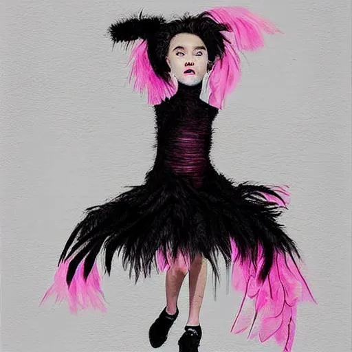 Prompt: little girl with an pink bizarre haircut wearing an dress made of black feathers, artwork made in art style ilya kushinov