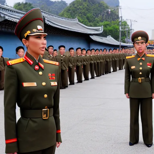 Image similar to professional photograph of kim kardashian wearing a north korean military dress uniform and standing in a busy street in pyongyang, 8 k, very detailed, very intricate,