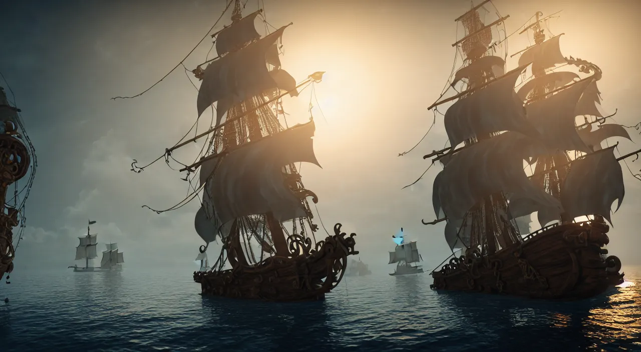 Image similar to ghost pirate ship with a pirate on the foreground, highly detailed, photorealistic portrait, bright studio setting, studio lighting, crisp quality and light reflections, unreal engine 5 quality render