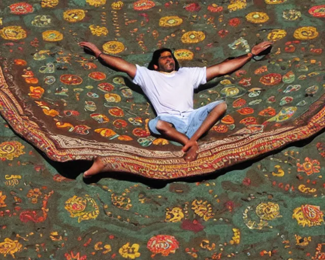 Image similar to a brown man floating on a magical carpet ride. there are 10,100 adoring wives awaiting his landing.