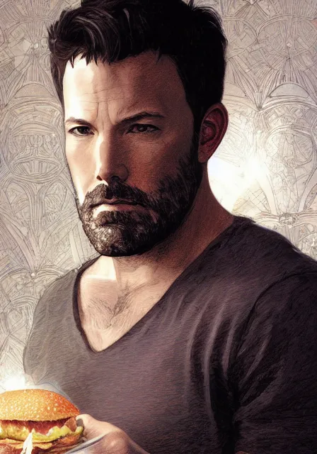 Image similar to ben affleck eating too much hamburger, intricate, elegant, highly detailed, digital painting, artstation, concept art, smooth, sharp focus, illustration, art by artgerm and greg rutkowski and alphonse mucha and william - adolphe bouguereau