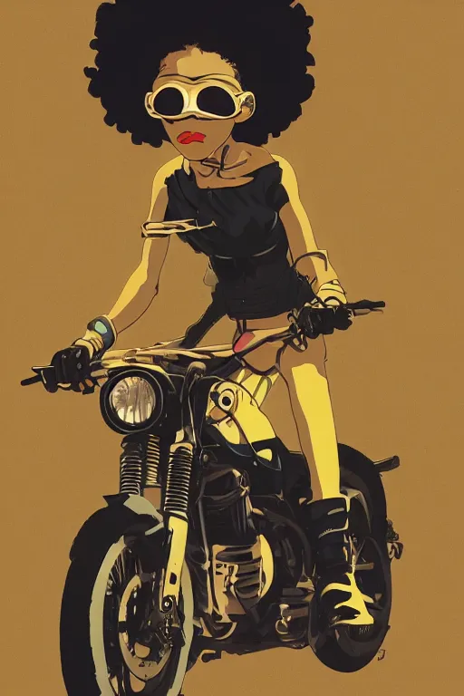 Image similar to black woman with goggles riding motorbike, afro hair, clean lines, bold outline, golden ratio, cowboy bebop, pop art, graphic, ilya kuvshinov, jamie hewlett, yoji shinkawa, muted colors, beautiful detailed illustration, 17th century oil painting, flat colors, studio ghibli, cel shading,