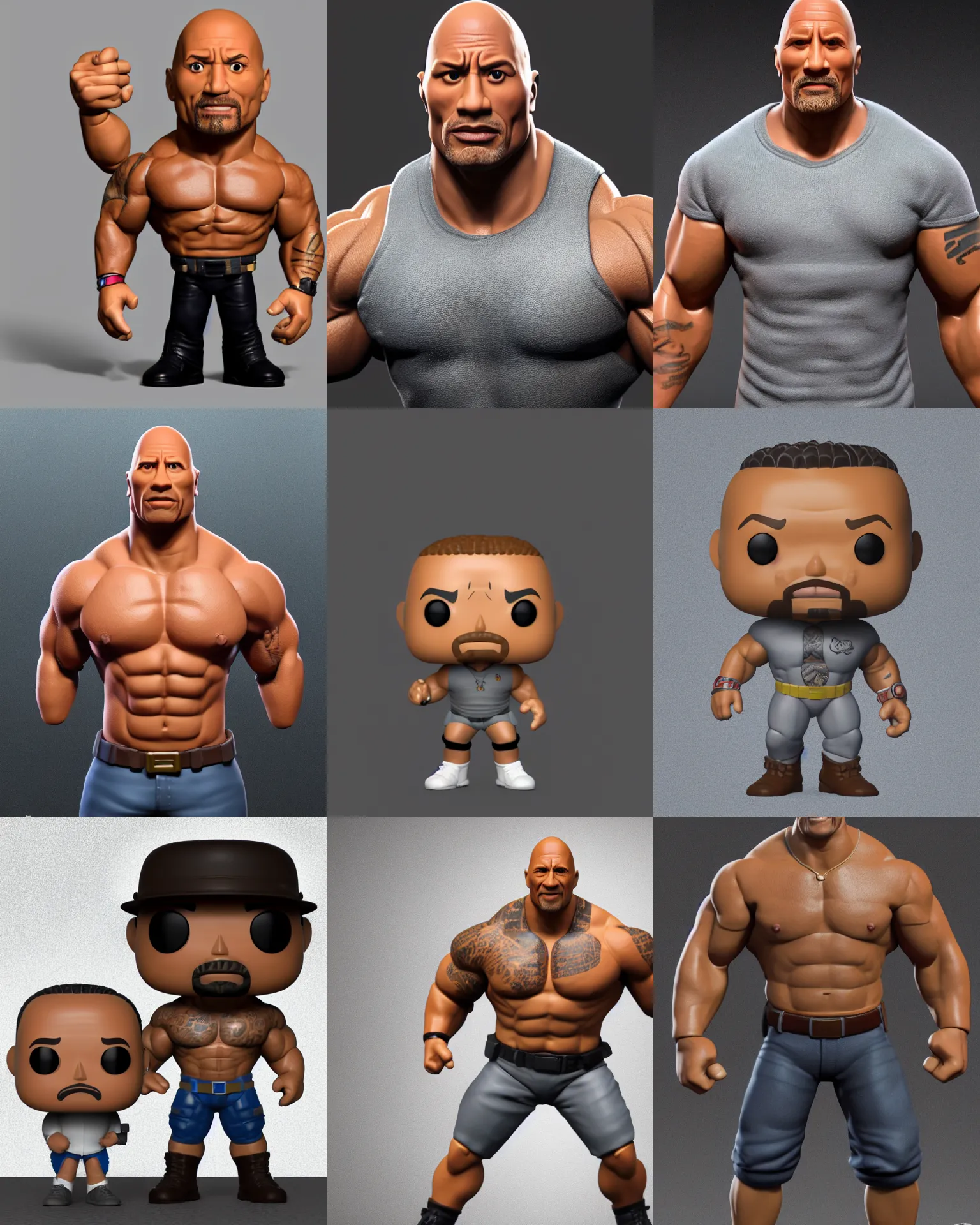 Prompt: full body 3d render of dwayne johnson as a funko pop!, studio lighting, grey background, single body, no shadow, blender, trending on artstation, 8k, highly detailed